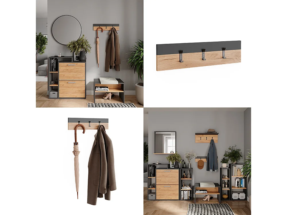 Perchero de pared antracita/roble dorado 60x1.6x15 orlando