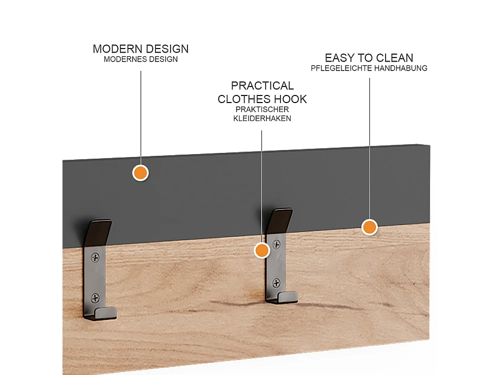 Perchero de pared antracita/roble dorado 60x1.6x15 orlando