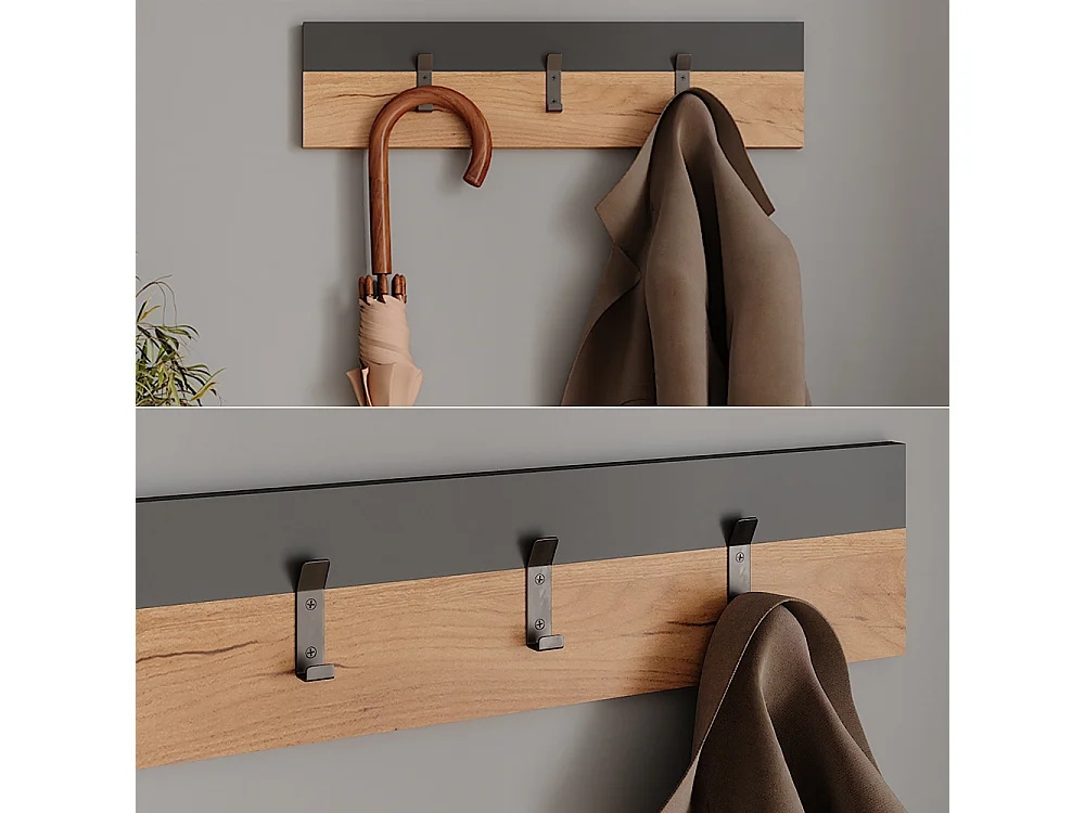 Portemanteau mural anthracite/chêne doré 60x1.6x15 orlando