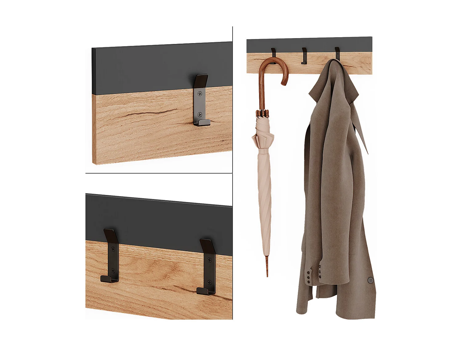 Portemanteau mural anthracite/chêne doré 60x1.6x15 orlando
