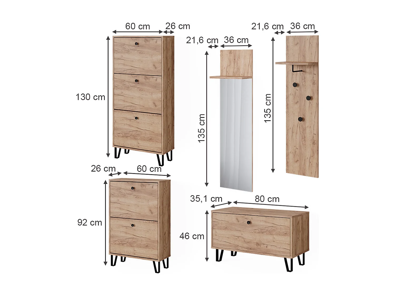 set de vestiaire chêne de force doré 36x21.6x135 siri