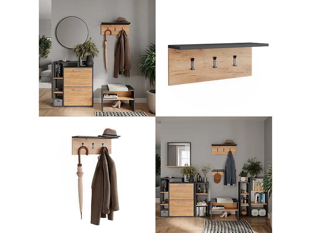 Portemanteau avec porte-chapeaux anthracite/chêne doré 60x18x21.6 orlando