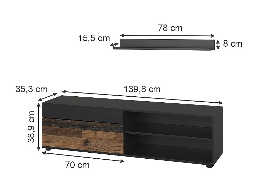 Lowboard & Regal schwarz/oldstyle 139.8x35.3x38.9 berno
