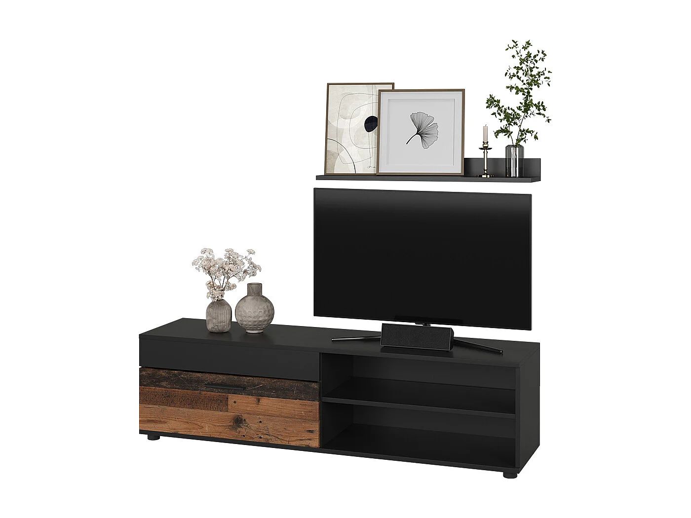 Lowboard & étagère noir/ancien style 139.8x35.3x38.9 berno