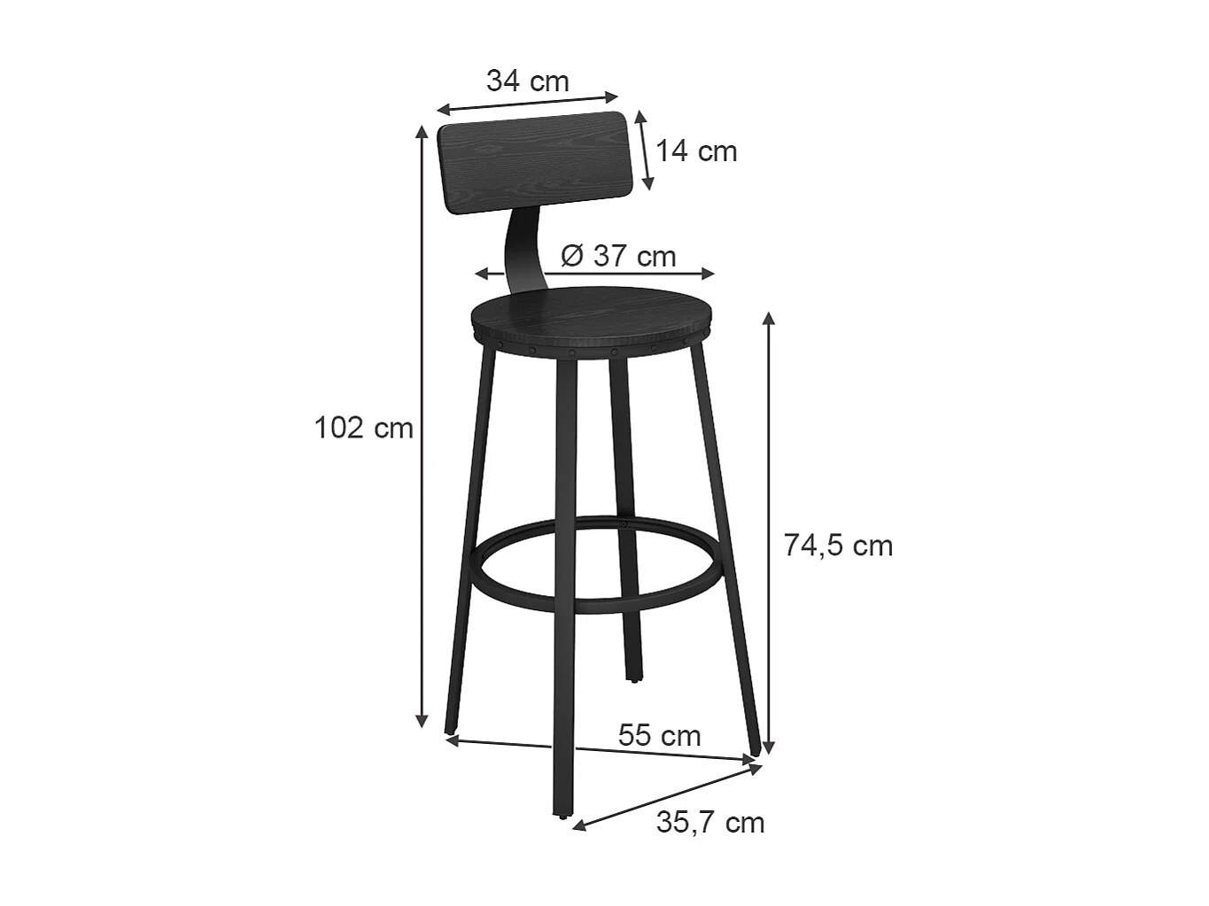 Tabouret de bar noir 34x55x102 caracas