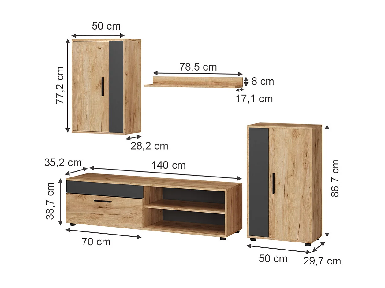 Parete attrezzata quercia dorata/antracite 140x35.2x38.7 berno