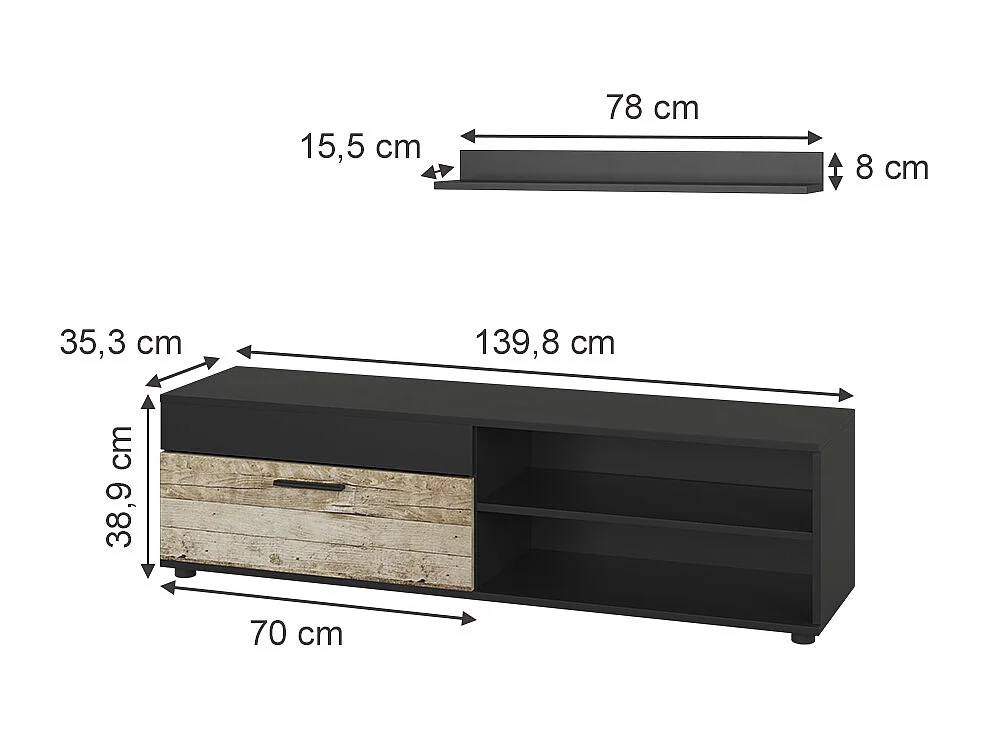 Lowboard & Regal schwarz/sandeiche 139.8x35.3x38.9 berno