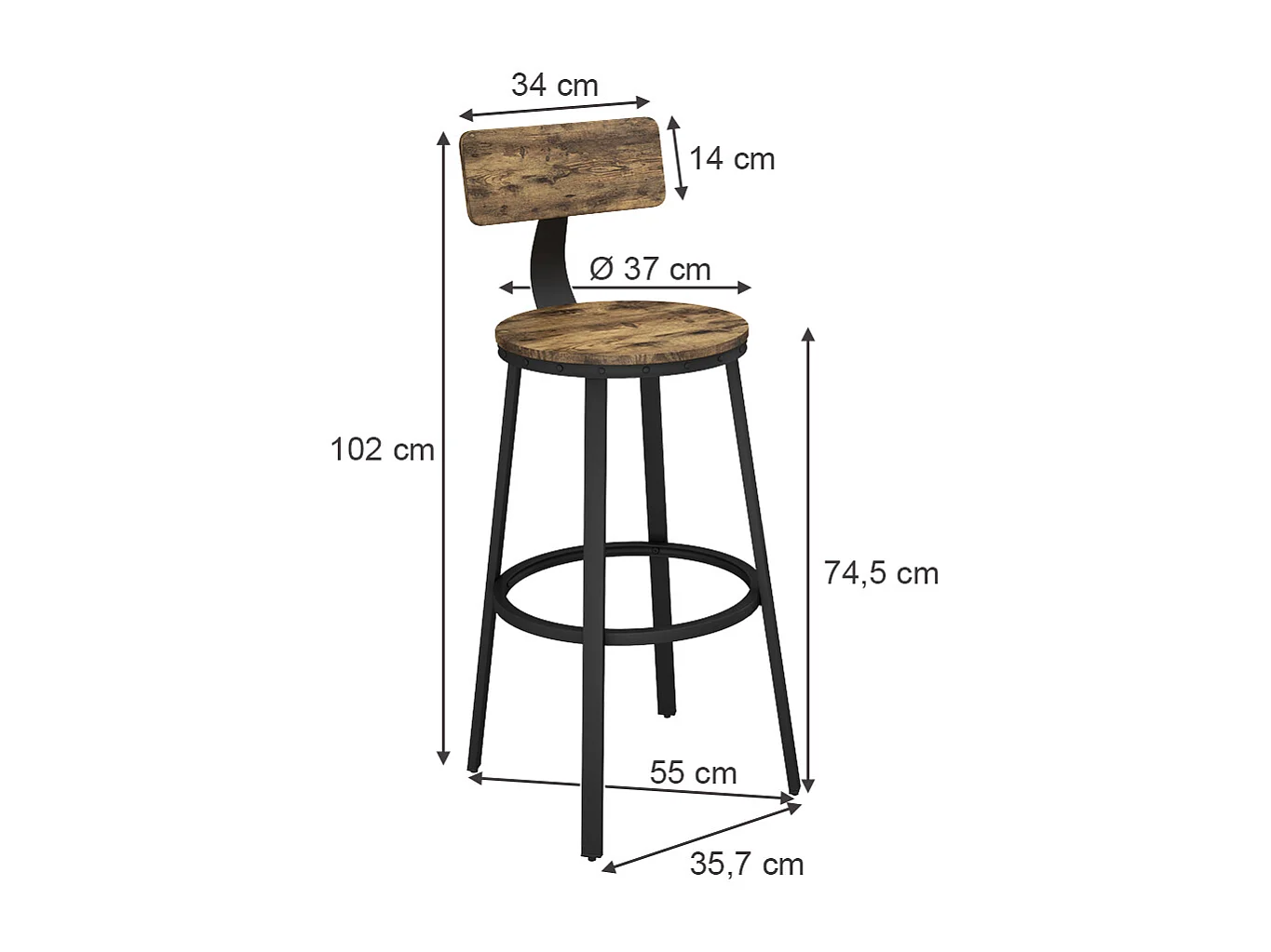 Tabouret de bar chêne rustique 34x55x102 caracas