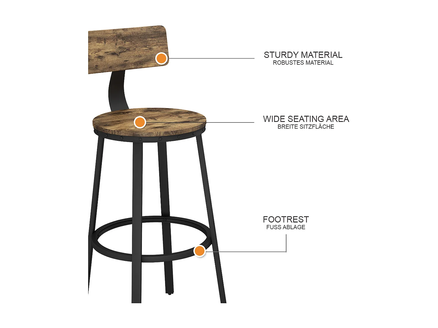 Tabouret de bar chêne rustique 34x55x102 caracas