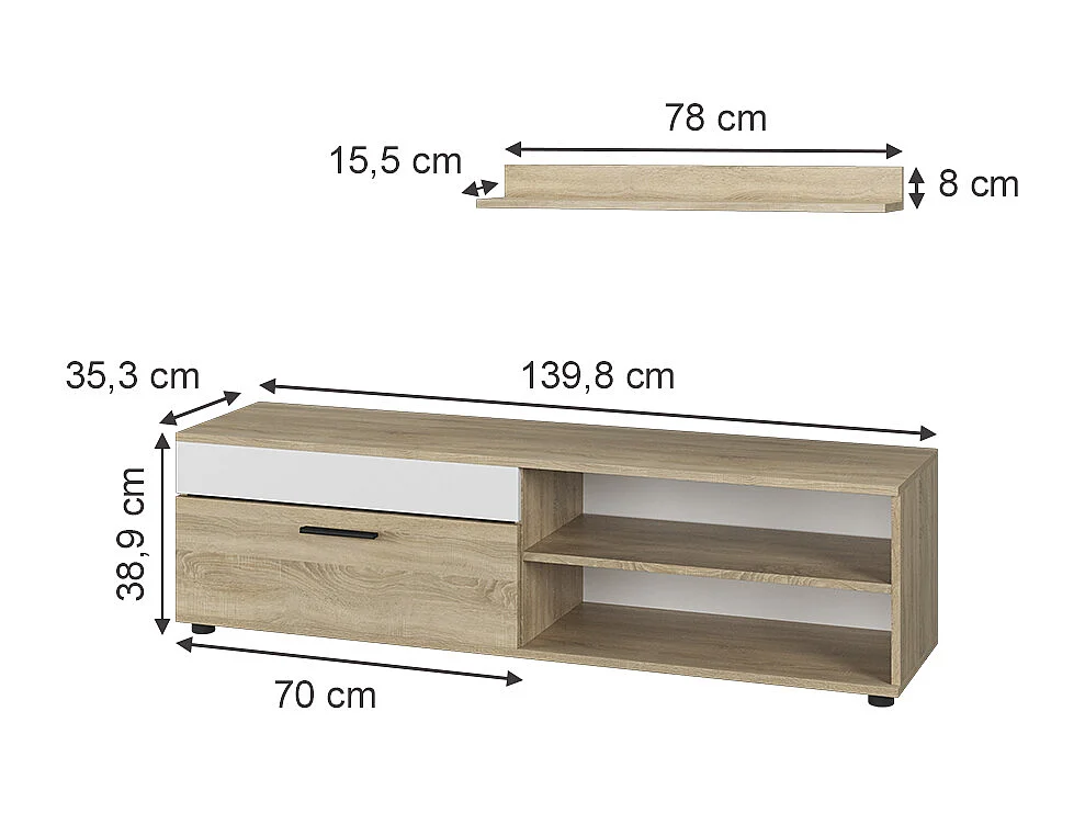 Lowboard & étagère sonoma/blanc 139.8x35.3x38.9 berno