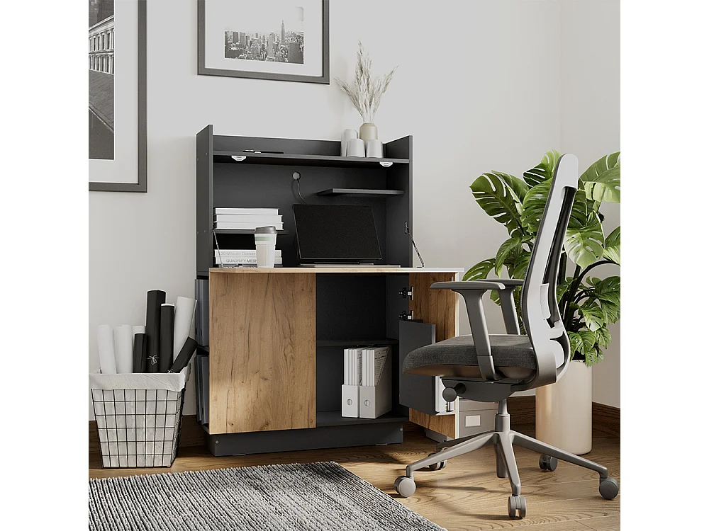Secrétaire bureau anthracite/chêne doré 85x28.6x128.5 alena