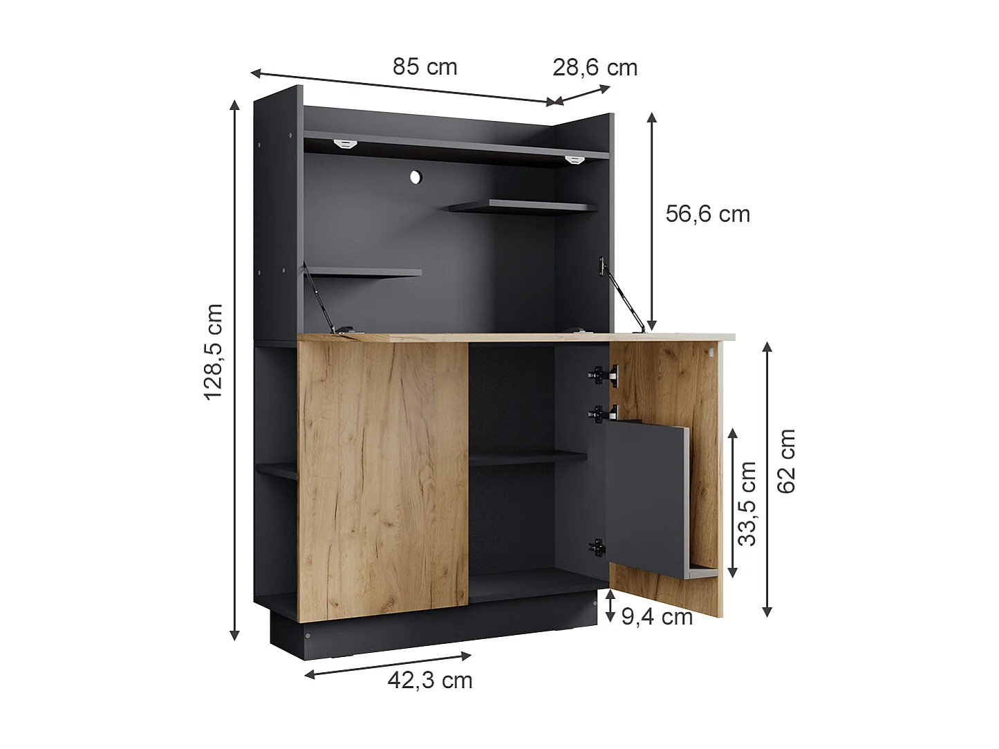 Secrétaire bureau anthracite/chêne doré 85x28.6x128.5 alena