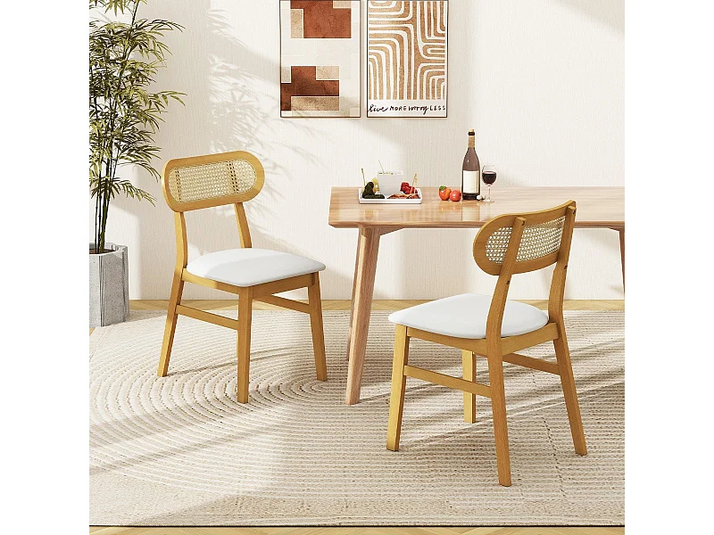 Set 2 sedie da pranzo in legno con seduta imbottita e rivestimento in pelle sintetica, Sedie in stile metà secolo Bianco