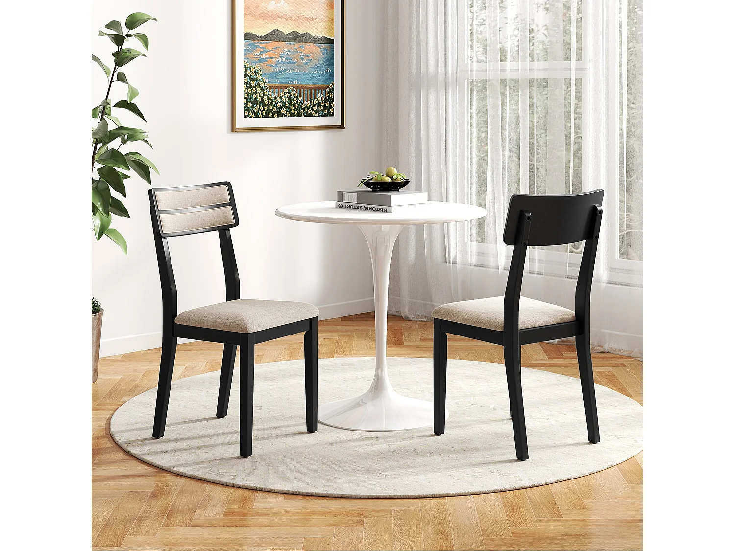 2er Set Esszimmerstühle mit Gepolstertem Sitz & Gummibaumholzbeinen Küchenstühle Essstuhl Schwarz