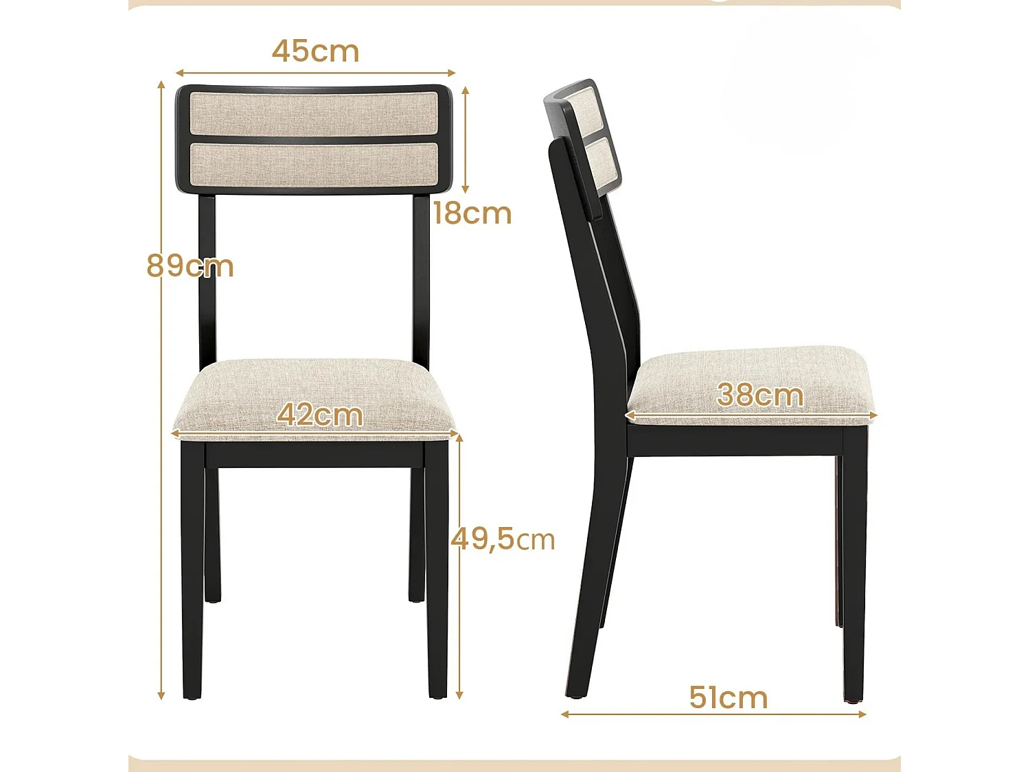 2er Set Esszimmerstühle mit Gepolstertem Sitz & Gummibaumholzbeinen Küchenstühle Essstuhl Schwarz