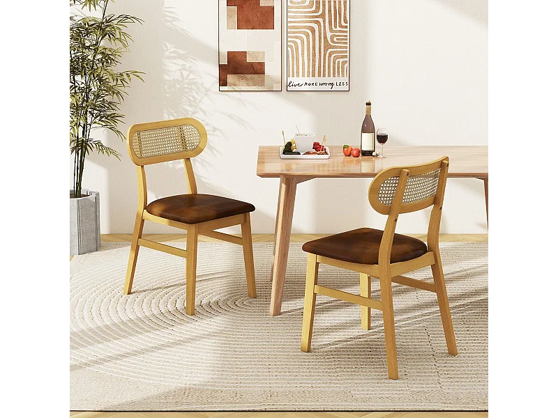 Set 2 sedie da pranzo in legno con seduta imbottita e rivestimento in pelle sintetica, Sedie in stile metà secolo Marrone