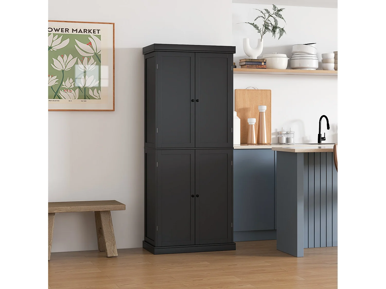 Hochschrank Badezimmerschrank Vorratsschrank mit 4 Türen & 6 Fächern Küchenschrank 76 x 40 x 184,5 cm Schwarz