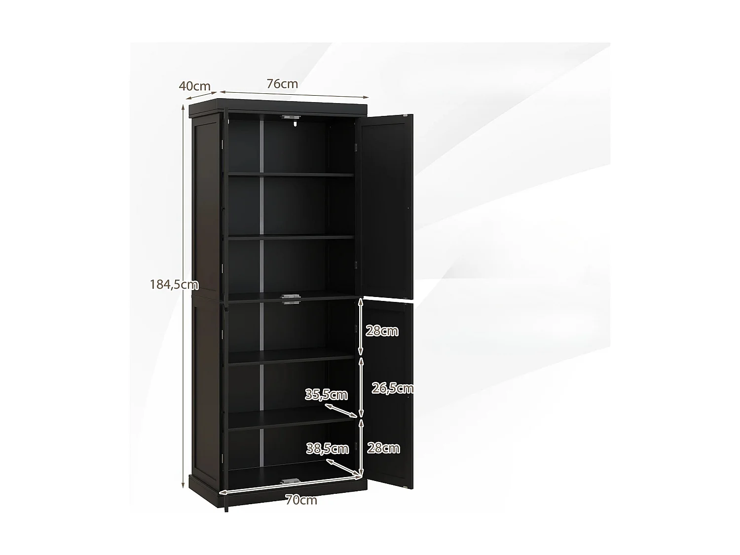 Hochschrank Badezimmerschrank Vorratsschrank mit 4 Türen & 6 Fächern Küchenschrank 76 x 40 x 184,5 cm Schwarz