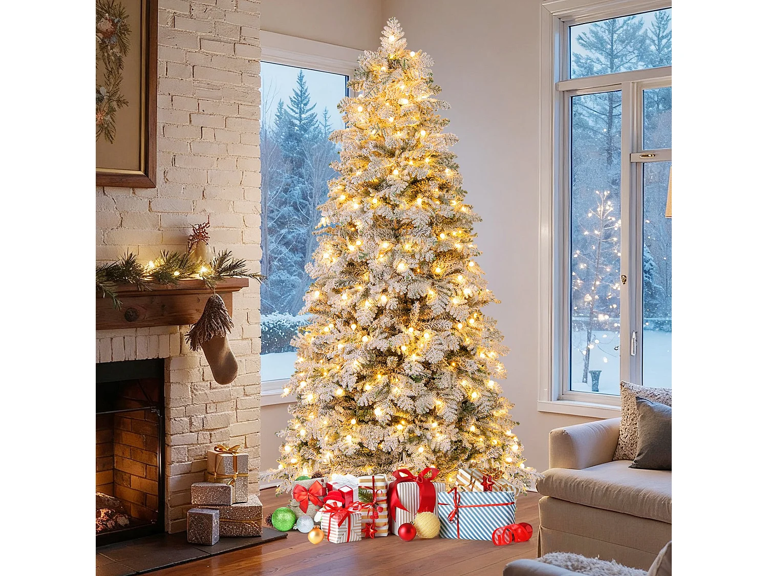 210 cm Künstlicher Weihnachtsbaum schneebedeckter Weihnachtsbaum vormontierter klappbarer Tannenbaum Grün