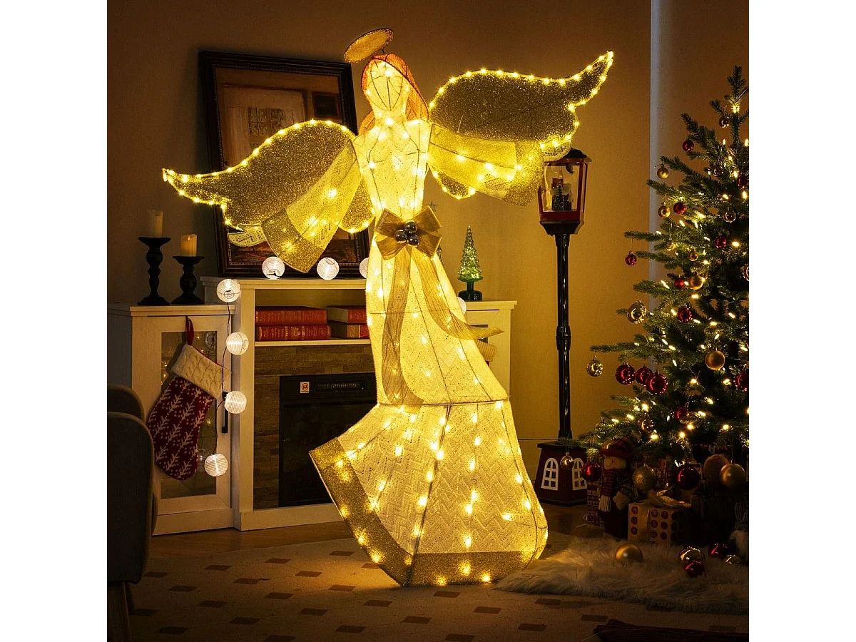 Angelo di Natale pre-illuminato da 160cm, Angelo esterno illuminato con aura ali e 180 luci led bianche calde