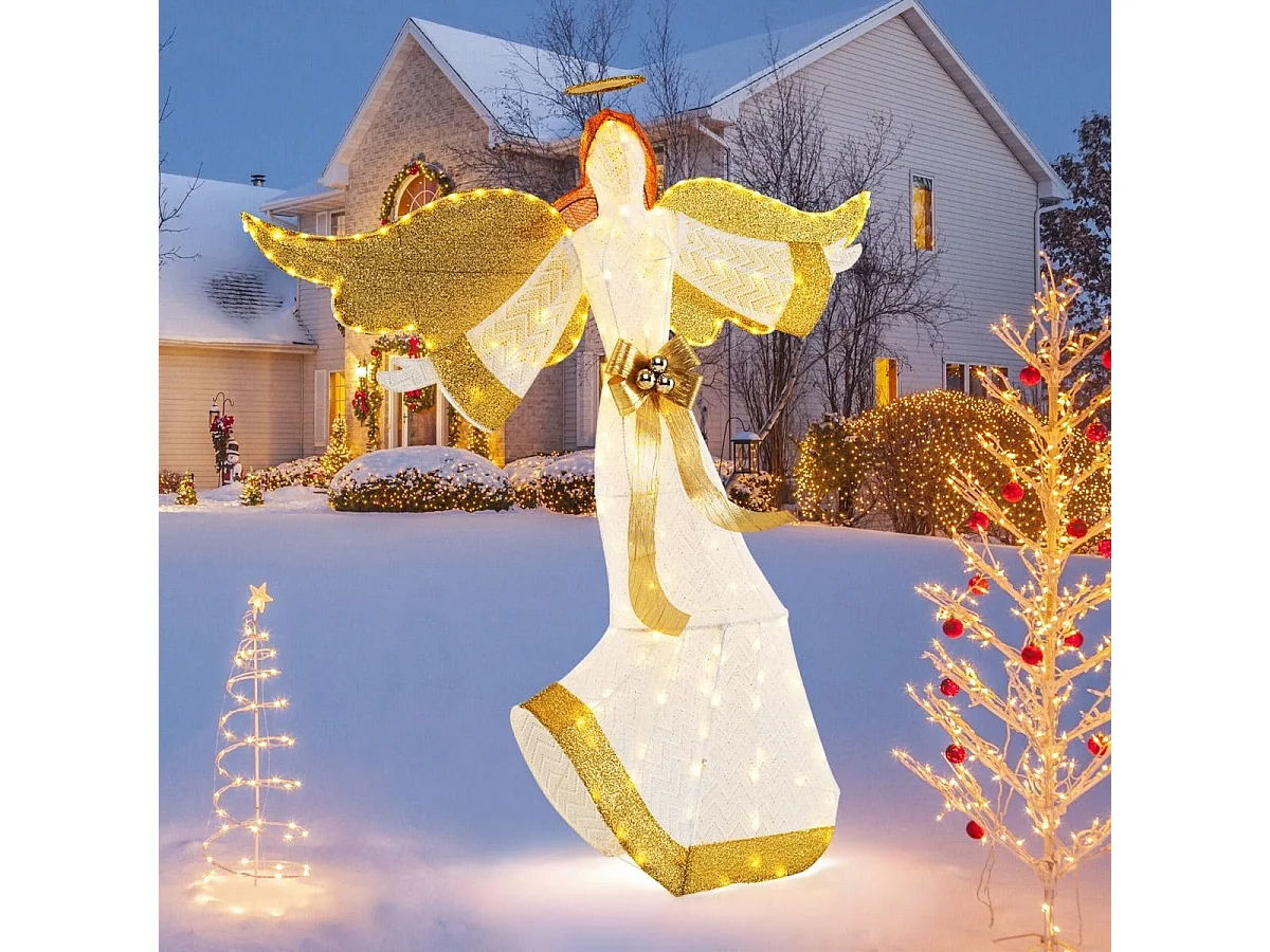 Ange de Noël Extérieur Éclairé 160 cm Ange Pré-Illuminé avec Halo Ailes et 180 Lumières LED Blanc Chaud Piquets de Sol Attaches Zippées
