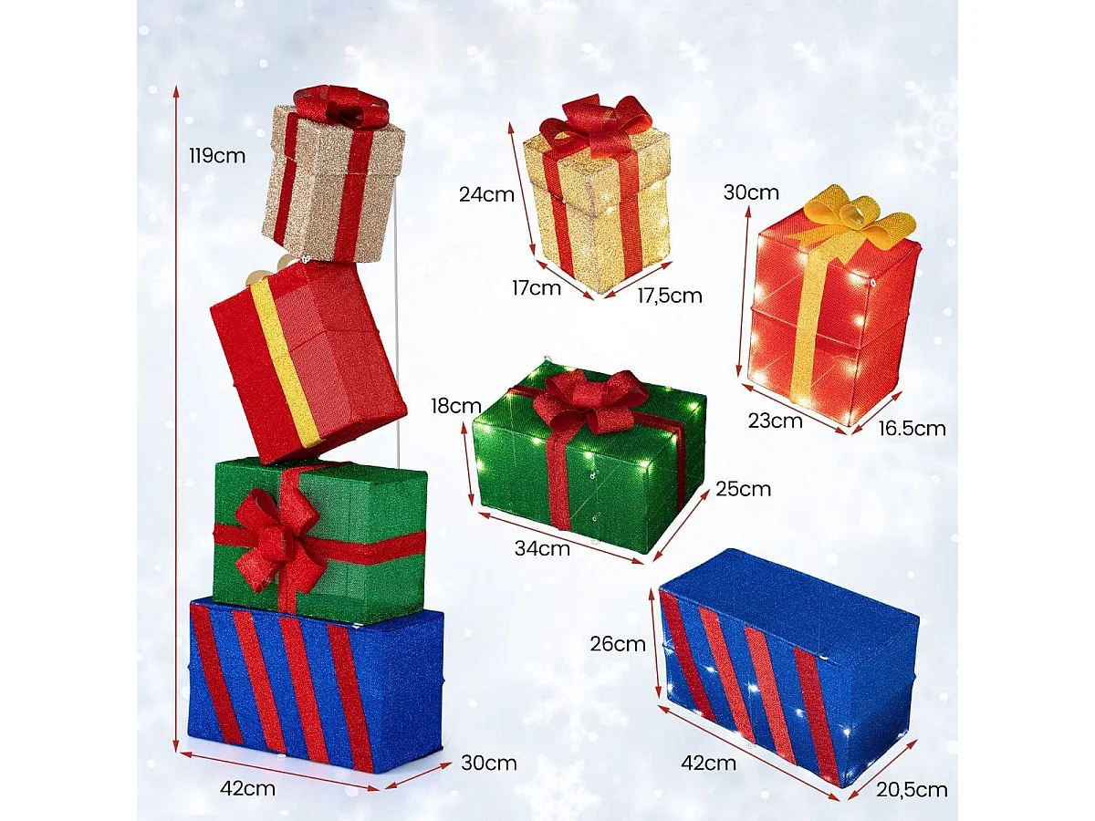 4er Set beleuchteten Weihnachtsgeschenkboxen leuchtende Geschenkboxen mit bunten Schleifen Mehrfarbig