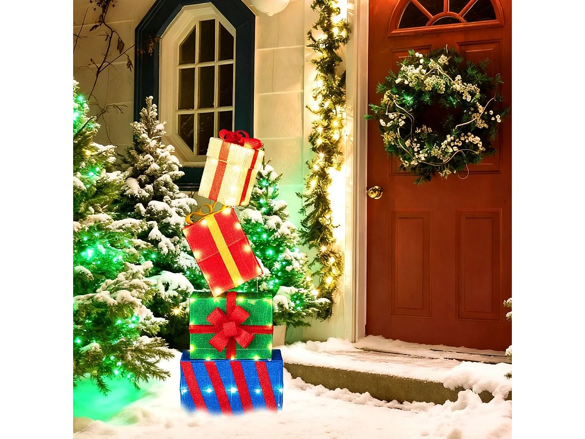 4er Set beleuchteten Weihnachtsgeschenkboxen leuchtende Geschenkboxen mit bunten Schleifen Mehrfarbig