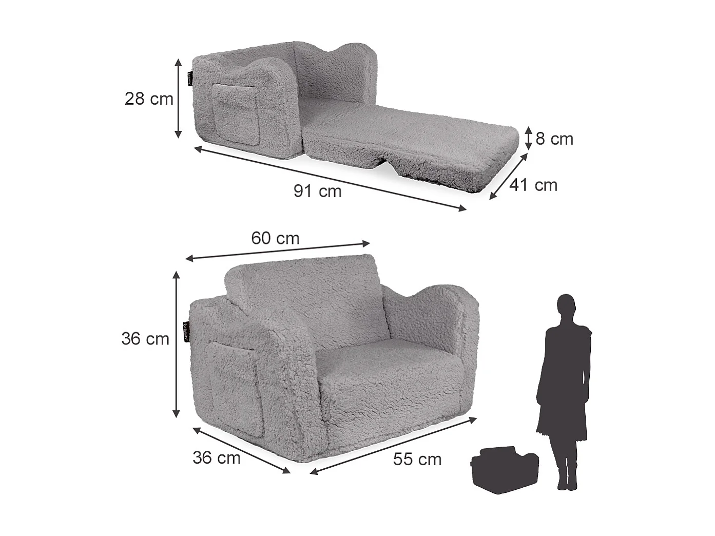 fauteuil pour enfants gris 60x36x36 conni