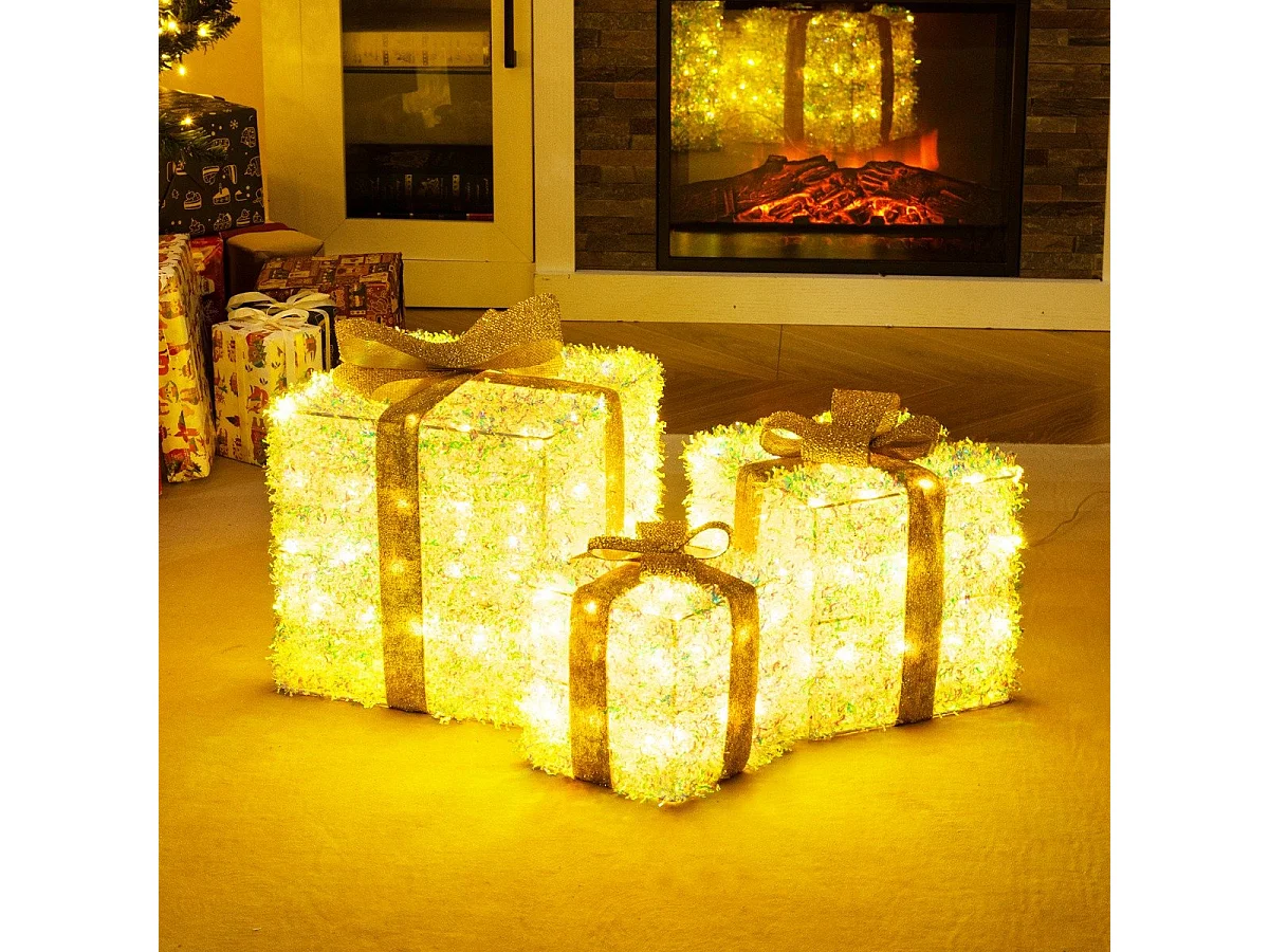 Set di 3 scatole regalo illuminate Scatola natalizia con luci LED bianco caldo e spina Scatola luminosa Scatole decorative