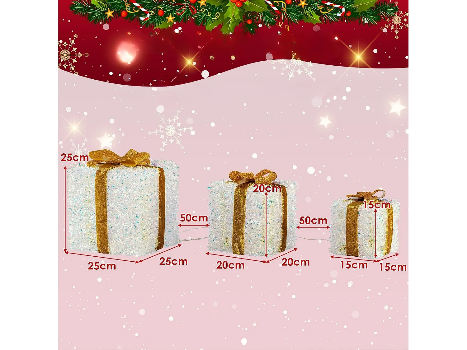 Set di 3 scatole regalo illuminate Scatola natalizia con luci LED bianco caldo e spina Scatola luminosa Scatole decorative