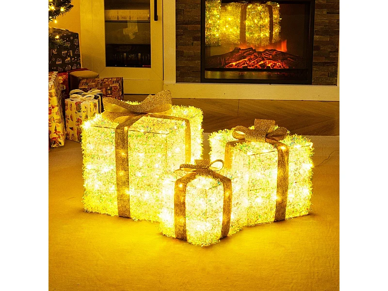 Set di 3 scatole regalo illuminate Scatola natalizia con luci LED bianco caldo e spina Scatola luminosa Scatole decorative