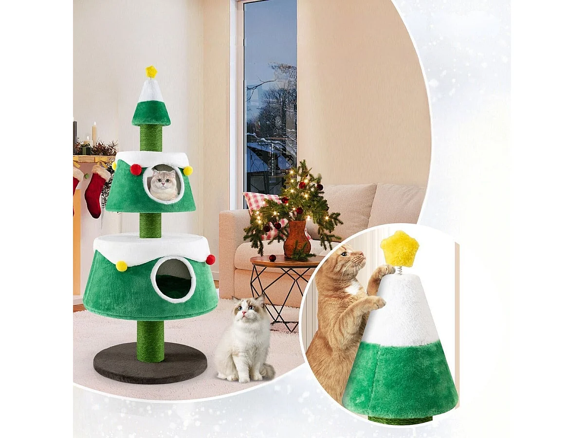Arbre à Chat de Noël Jolie Tour à Chat avec 2 Condos Poteaux à Gratter en Sisal Lits Amovibles Centre d'Activités pour Chat
