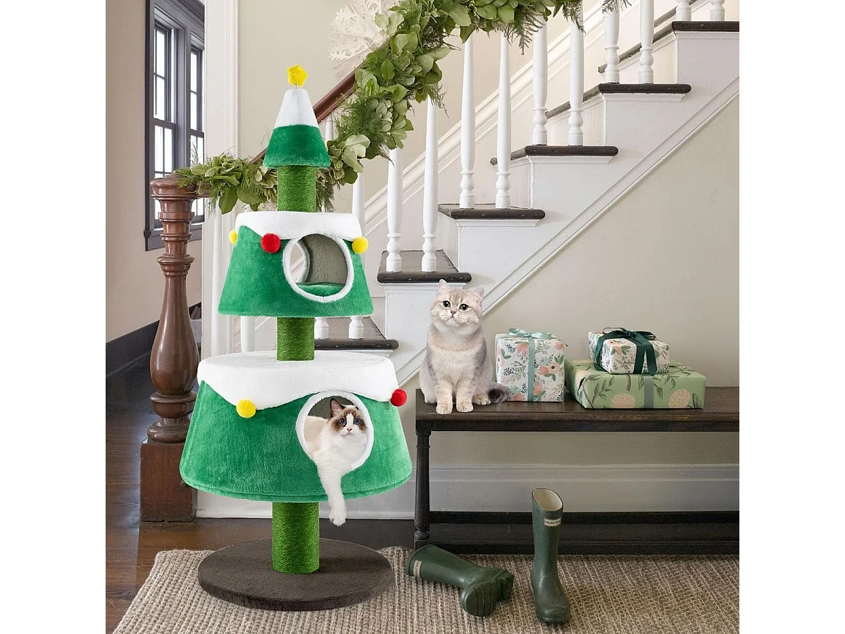 Arbre à Chat de Noël Jolie Tour à Chat avec 2 Condos Poteaux à Gratter en Sisal Lits Amovibles Centre d'Activités pour Chat