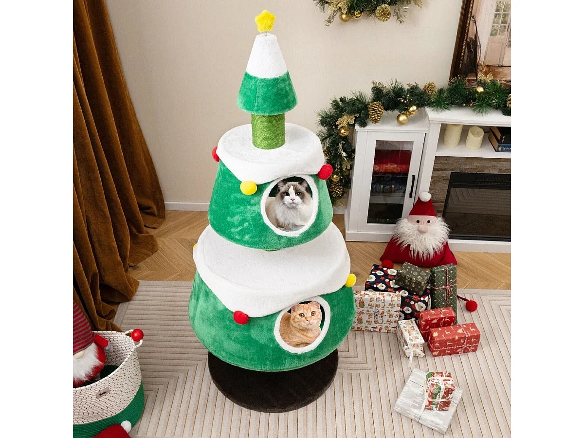 Arbre à Chat de Noël Jolie Tour à Chat avec 2 Condos Poteaux à Gratter en Sisal Lits Amovibles Centre d'Activités pour Chat