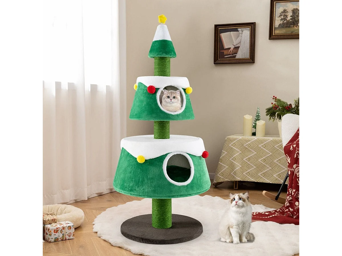 Arbre à Chat de Noël Jolie Tour à Chat avec 2 Condos Poteaux à Gratter en Sisal Lits Amovibles Centre d'Activités pour Chat