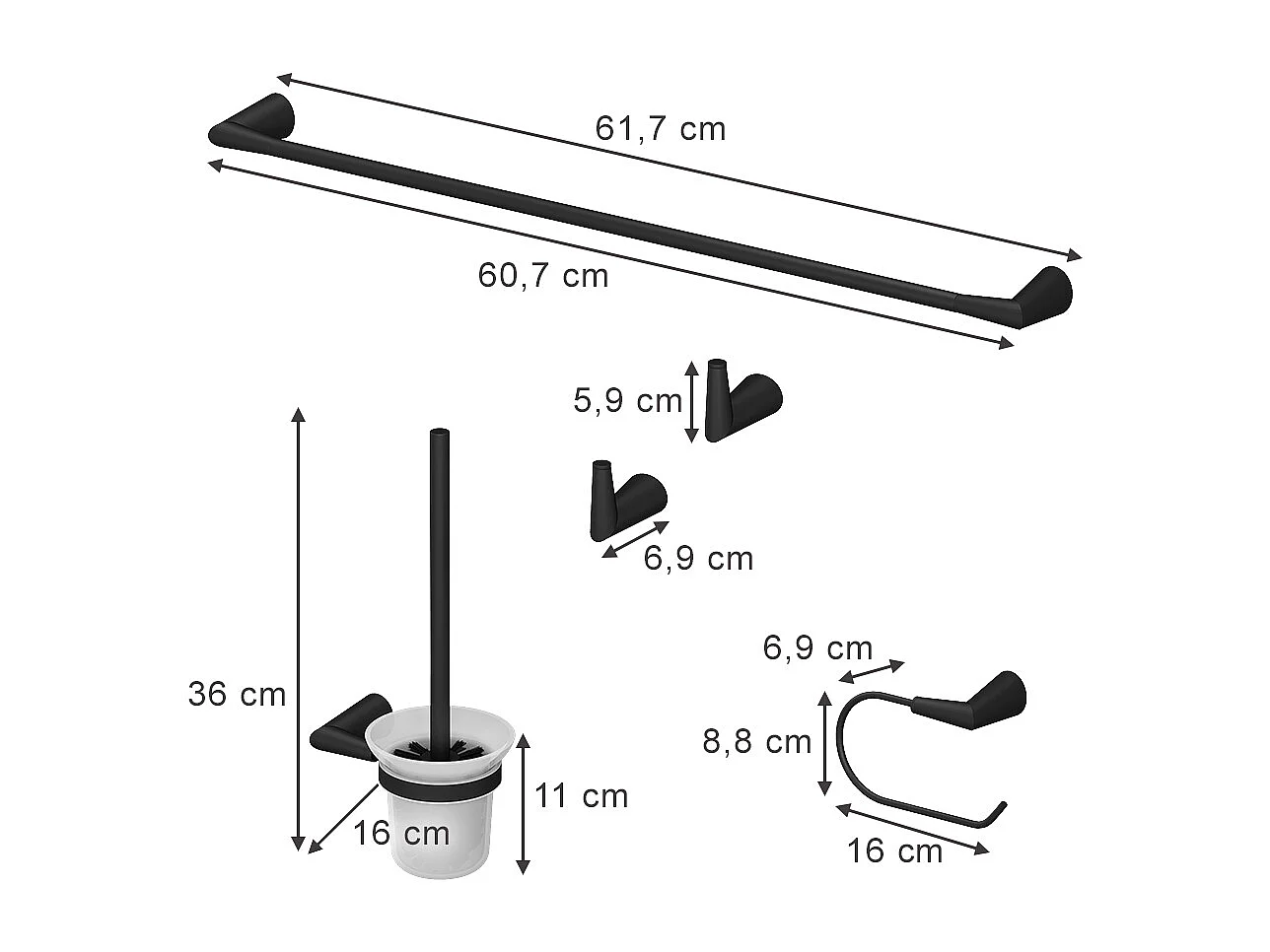 Set daccessoires de salle de bain noir 16x6.9x8.8 tauri