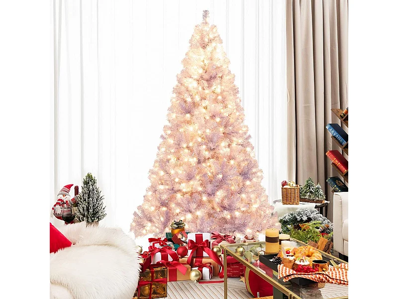 225cm Arbre de Noël Pré-éclairé avec 1300 Pointes de Branches 550 lumières LED Blanc Chaud 8 Modes Socle Métallique Violet