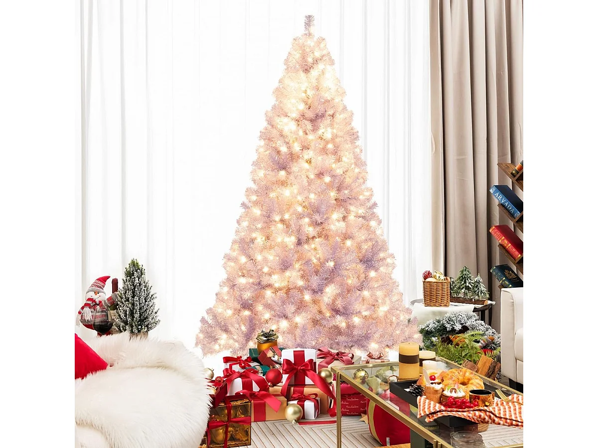 225cm Arbre de Noël Pré-éclairé avec 1300 Pointes de Branches 550 lumières LED Blanc Chaud 8 Modes Socle Métallique Violet