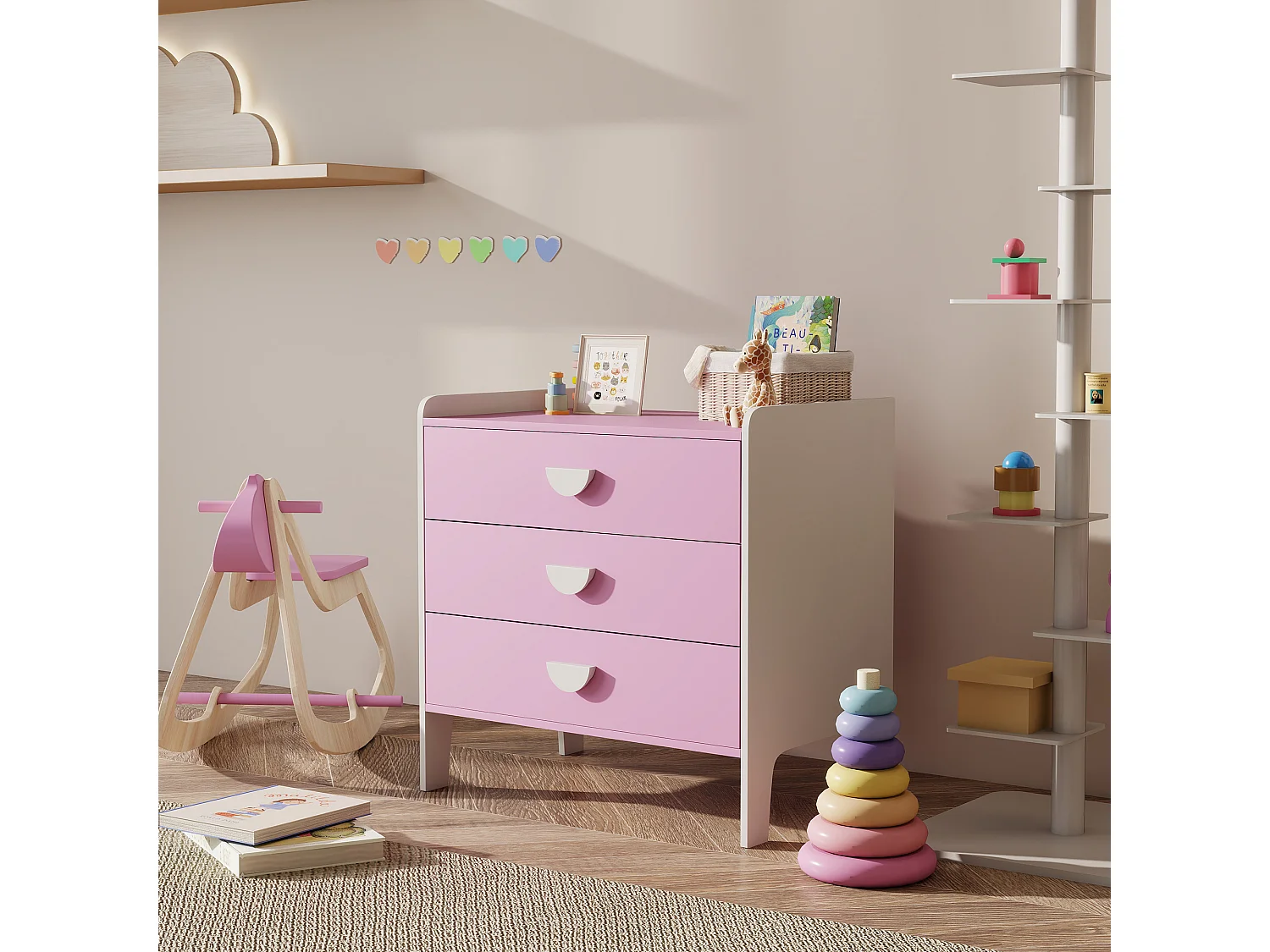 Commode 3 tiroirs pour enfant - commode design girly sur pieds bicolore blanc rose - 60 x 40 x 60 cm