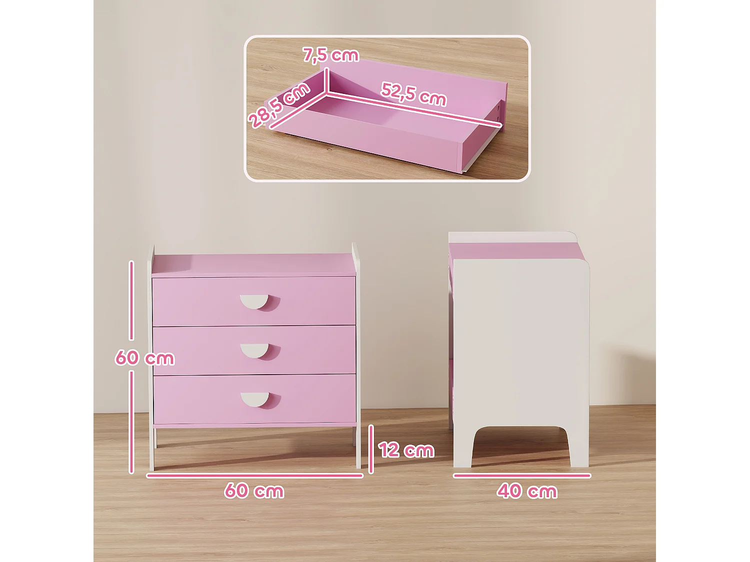 Commode 3 tiroirs pour enfant - commode design girly sur pieds bicolore blanc rose - 60 x 40 x 60 cm