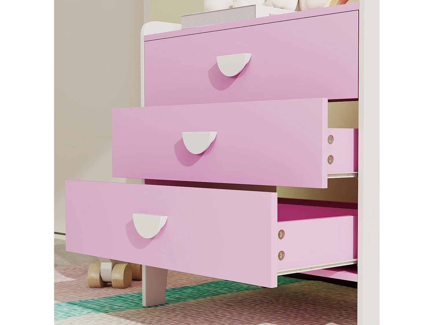 Commode 3 tiroirs pour enfant - commode design girly sur pieds bicolore blanc rose - 60 x 40 x 60 cm