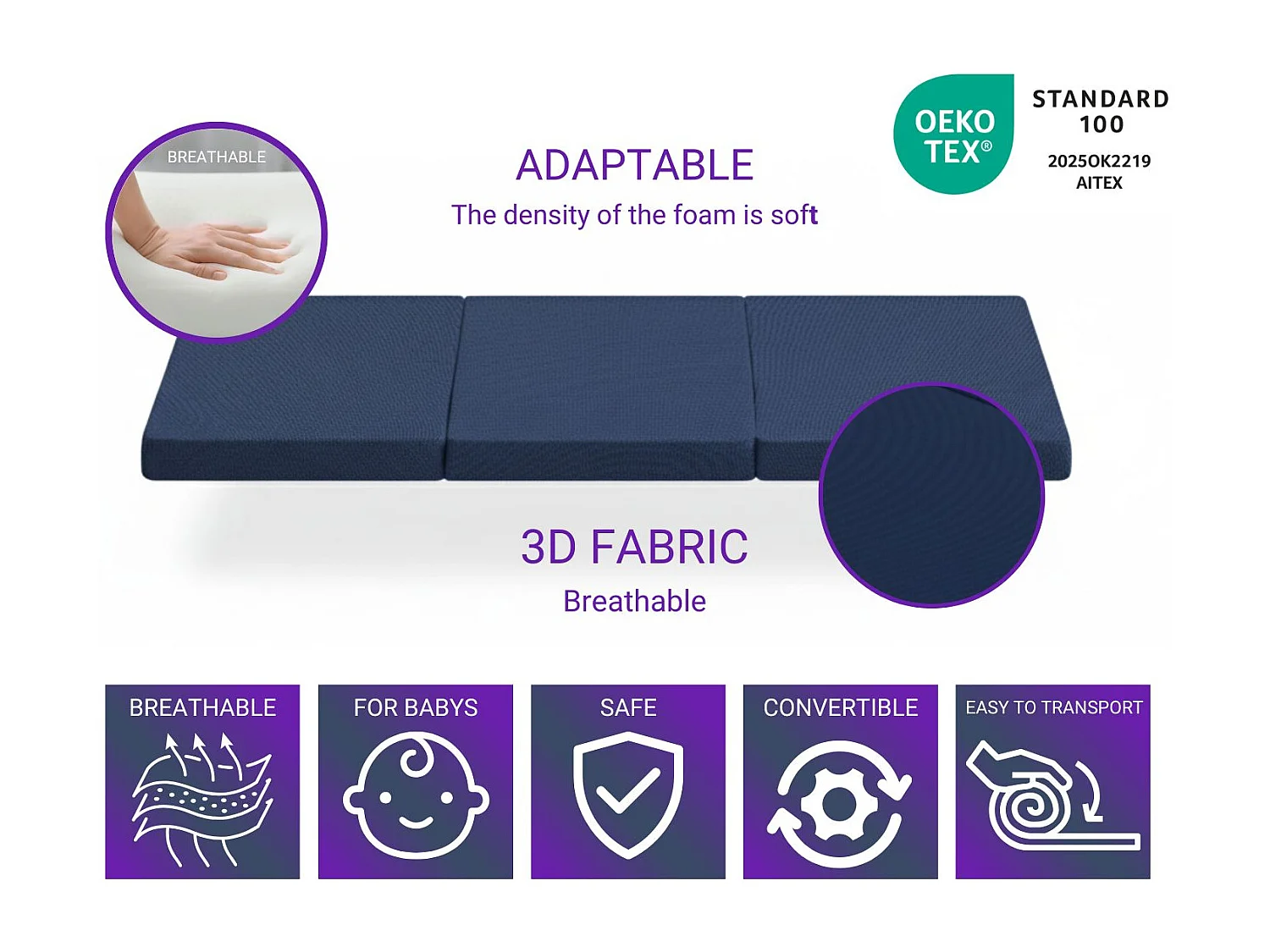 Colchón Plegable de Cuna de Viaje DREMI – Espuma HR D23, 120x60 cm, Grosor 5 cm, Tejido 3D Transpirable y Confortable