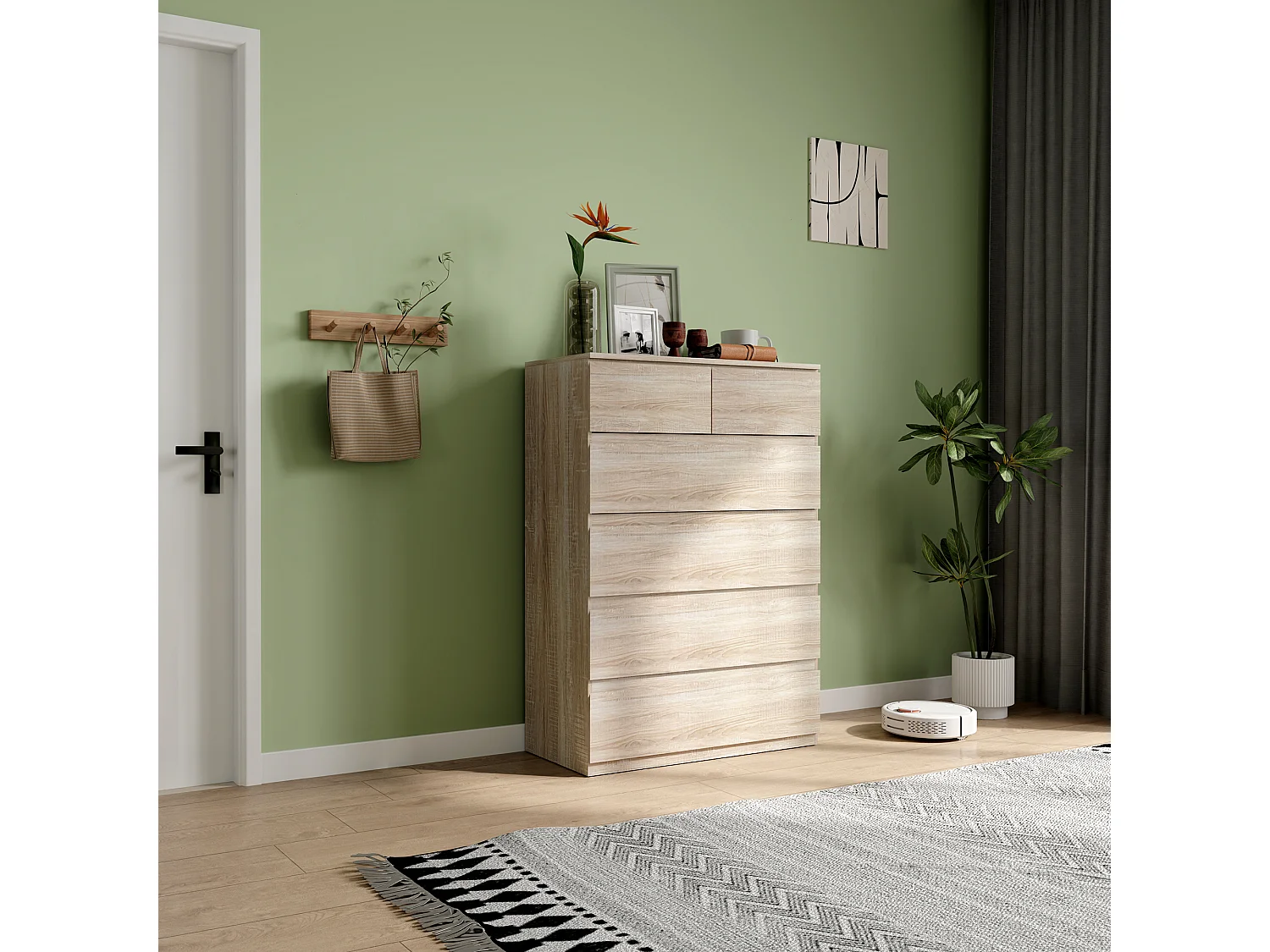 Commode 6 tiroirs style contemporain dim. 80L x 39l x 115H cm poignées invisibles effet bois naturel