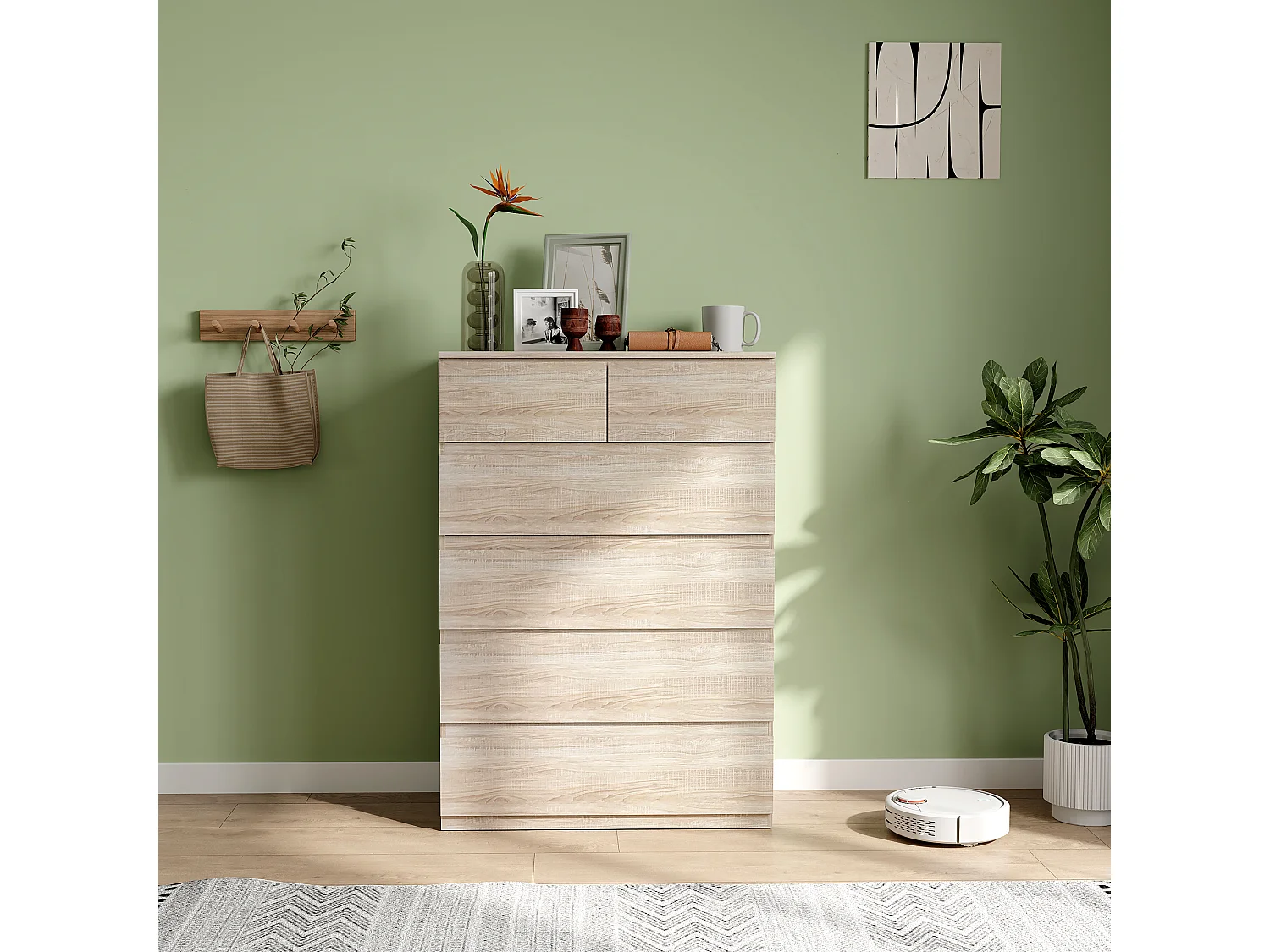 Commode 6 tiroirs style contemporain dim. 80L x 39l x 115H cm poignées invisibles effet bois naturel
