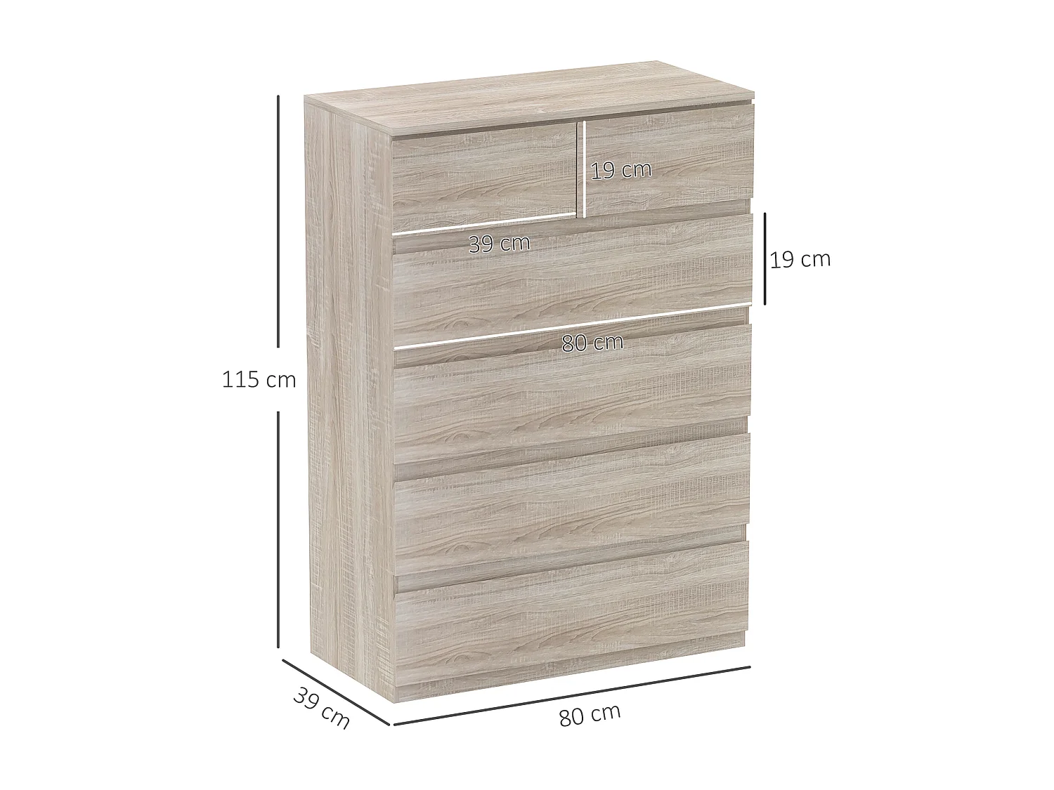 Commode 6 tiroirs style contemporain dim. 80L x 39l x 115H cm poignées invisibles effet bois naturel