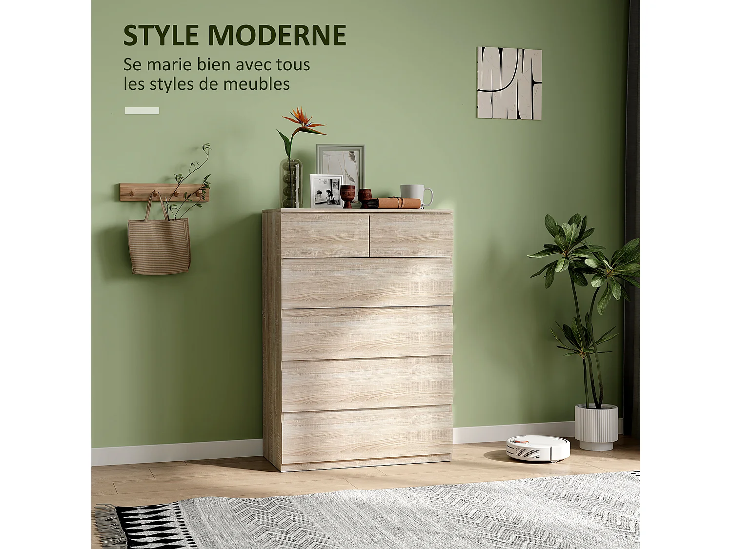 Commode 6 tiroirs style contemporain dim. 80L x 39l x 115H cm poignées invisibles effet bois naturel