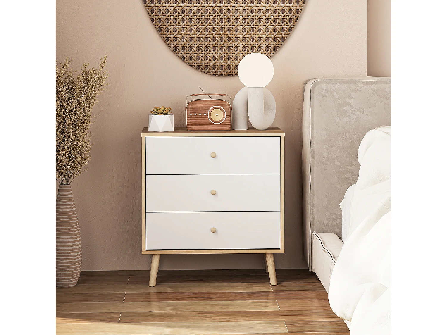 Chiffonnier 3 tiroirs style nordique - dim. 60 x 35 x 65 cm - piètement effilé effet bois clair blanc