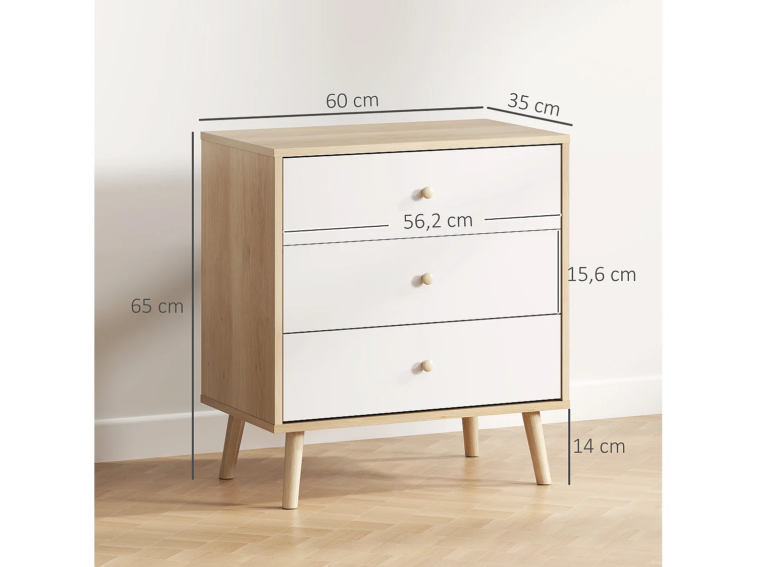 Chiffonnier 3 tiroirs style nordique - dim. 60 x 35 x 65 cm - piètement effilé effet bois clair blanc