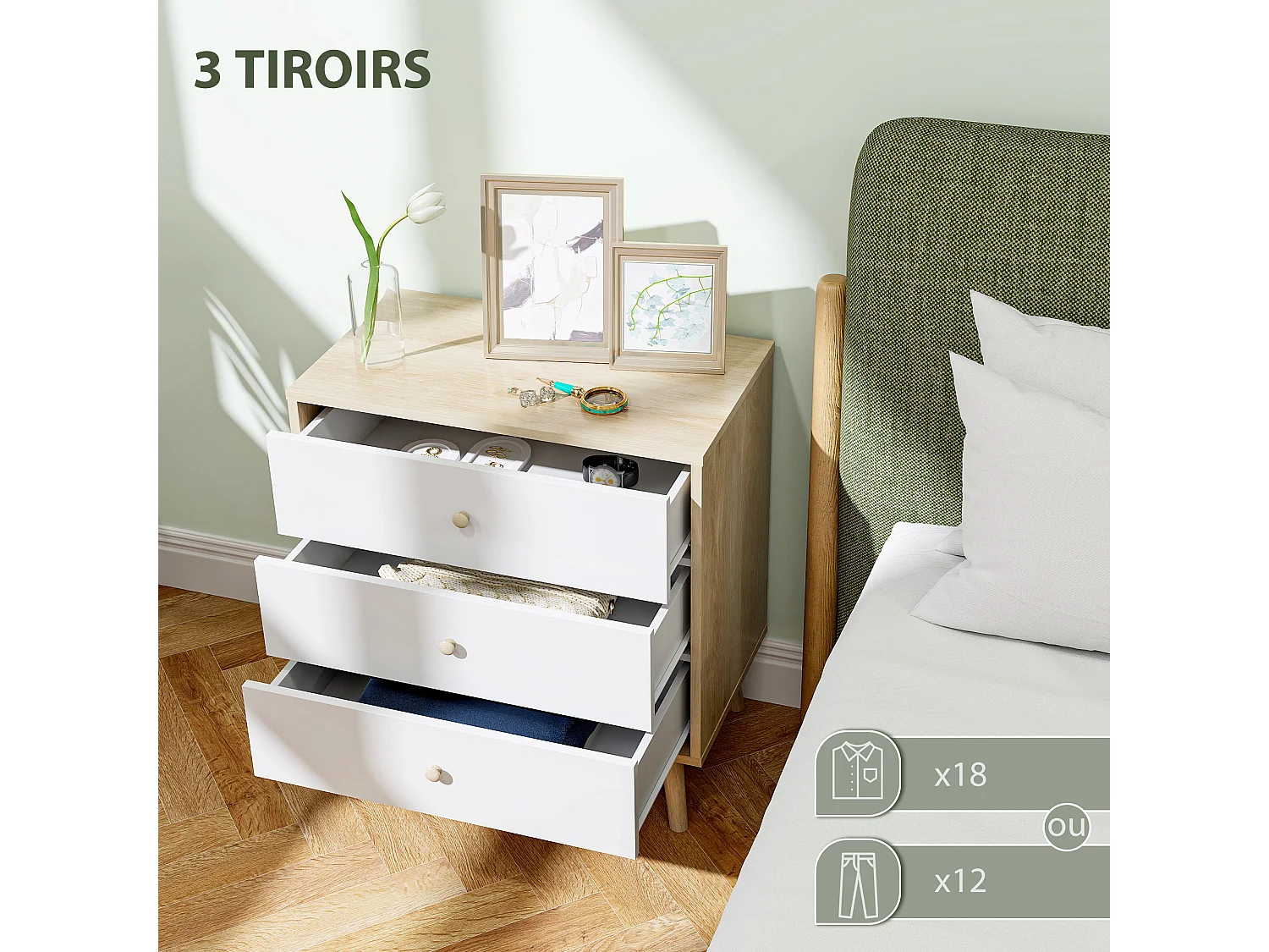 Chiffonnier 3 tiroirs style nordique - dim. 60 x 35 x 65 cm - piètement effilé effet bois clair blanc