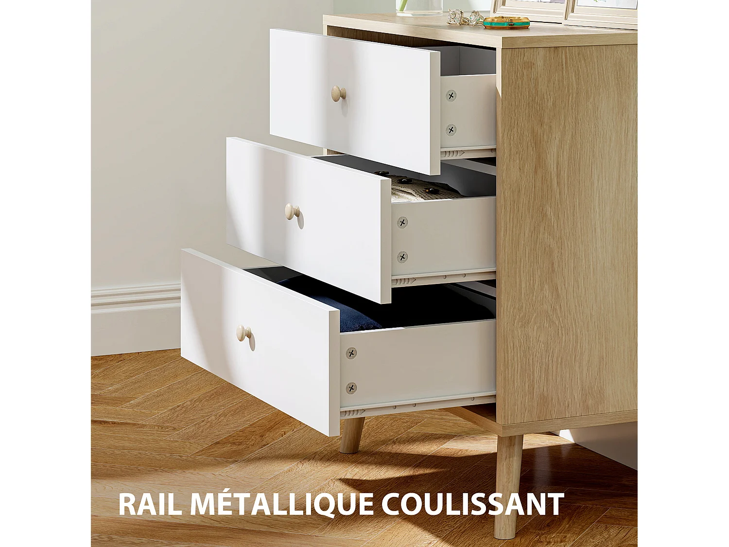 Chiffonnier 3 tiroirs style nordique - dim. 60 x 35 x 65 cm - piètement effilé effet bois clair blanc